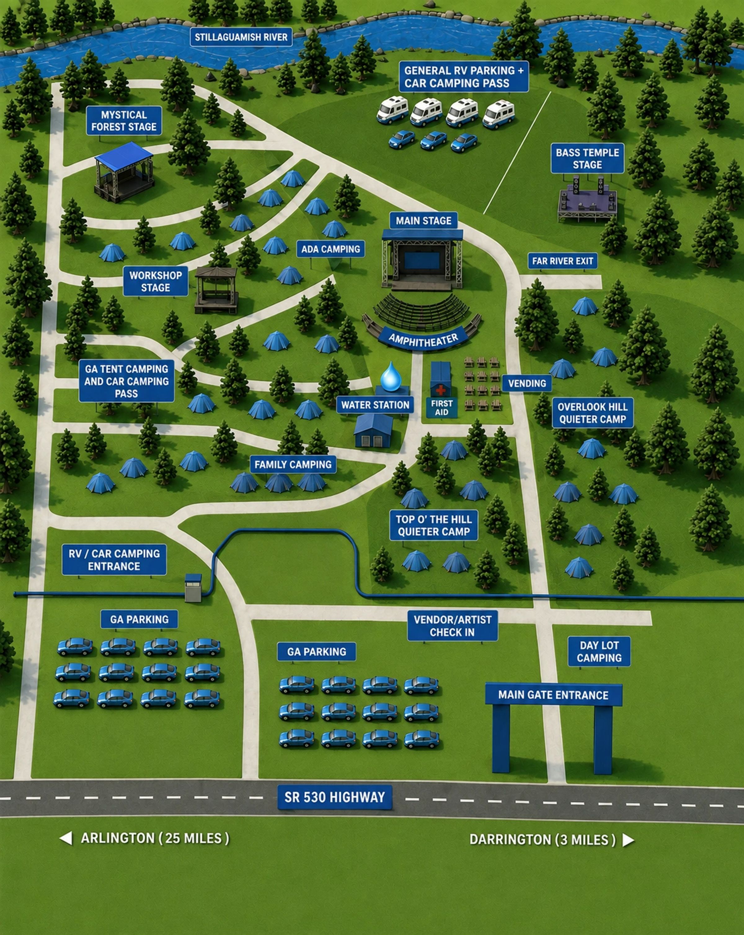 Re/Evolution 2026 festival reference map showing stage locations, camping, parking, and access areas
