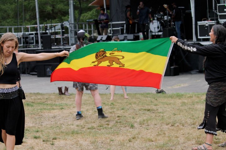 Festival attendees carrying a red, yellow, and green flag