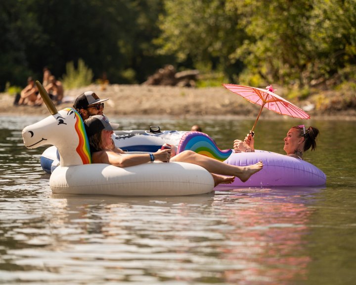 River floats and parasols on the water