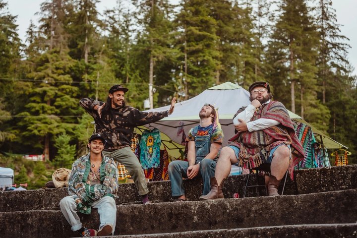 Friends gathered on the amphitheater seating
