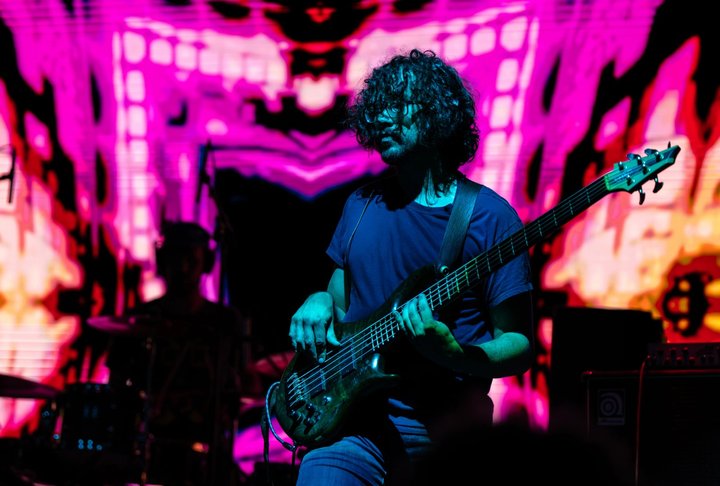 Bassist performing under pink and blue stage lighting